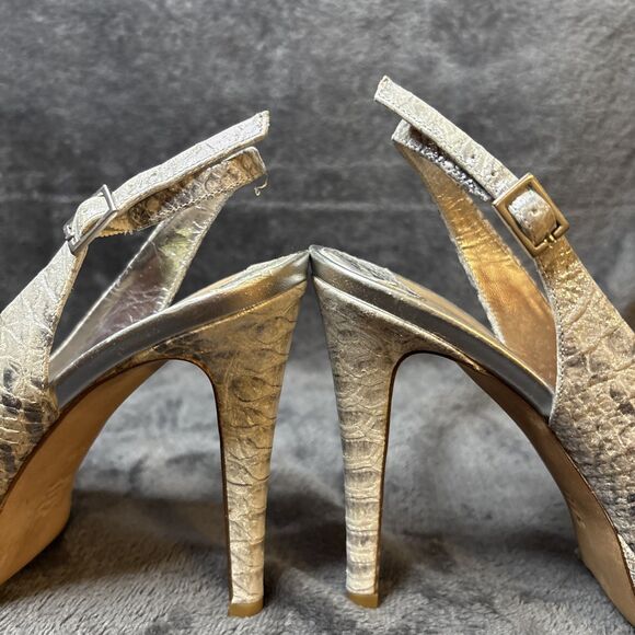 Donald J Pliner Heels Size 8M Gold Shimmer Snakeskin Slingback Allie Peep Toe - Picture 8 of 16